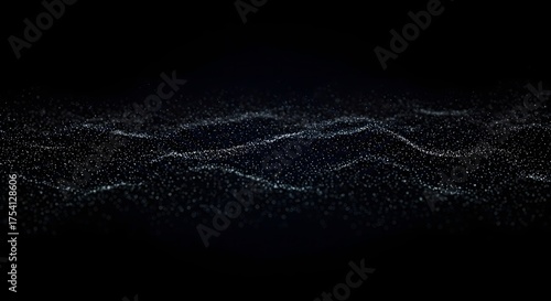 Abstract blue wave of sparkling particles floats against a black background
