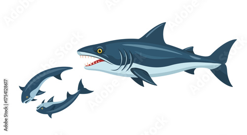 Digital Illustration of a Predatory Shark Pursuing Smaller Fish, Isolated Against a White Background Depicting Ocean Life