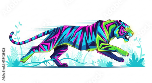 Colorful geometric tiger illustration running design vector art graphic animal predator wildlife jungle cat drawing