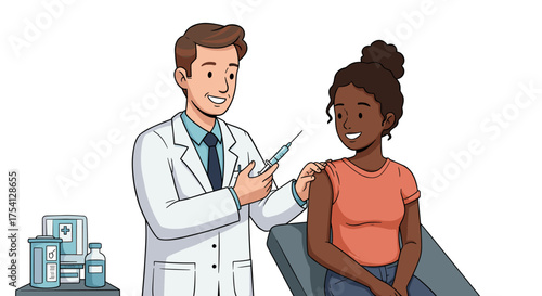 Illustration of a doctor giving a vaccination to a young woman in a medical office