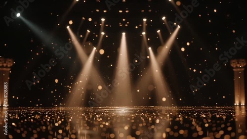 Golden stage light beams sparkle with floating particles creating warm magical atmosphere spotlighting festive beam of golden