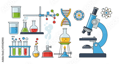 Vibrant collection of essential chemistry laboratory research and scientific discovery equipment, perfect for educational content, scientific illustrations, and educational projects