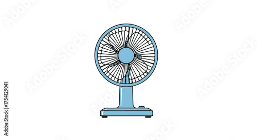 Illustration of a Light Blue Oscillating Table Fan on a Clean White Background with a Modern Design that Evokes a sense of Coolness