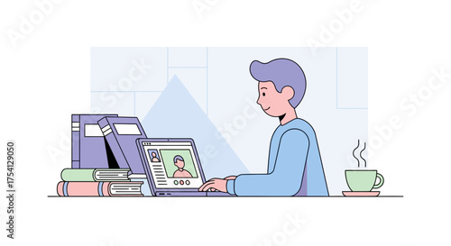 Man participating in a video conference call on his laptop with books and coffee on the desk