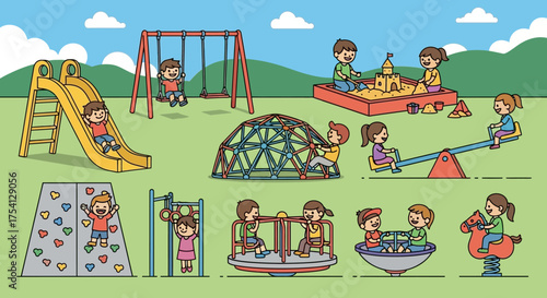 A vibrant cartoon illustration depicting diverse children happily playing together on various equipment at a sunny outdoor park playground