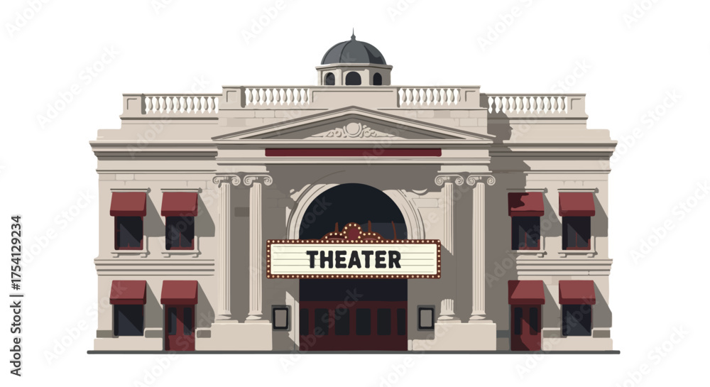 Fototapeta premium Architectural illustration of a classic theater building with prominent signage and awnings, symbolizing entertainment and cultural heritage