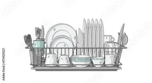 Illustration of a dish rack filled with clean dishes ready to be used, set on a white clean surface