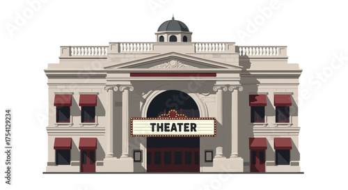 Architectural illustration of a classic theater building with prominent signage and awnings, symbolizing entertainment and cultural heritage