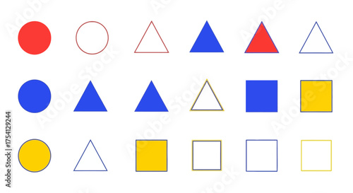 Vibrant grid pattern of colorful geometric shapes, including circles, triangles, and squares with varied fills and outlines. Ideal for design and educational content