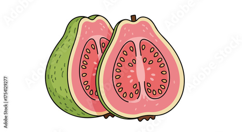 Whimsical Illustration of Sliced Guava Fruit Showing Detailed Interior on White Background