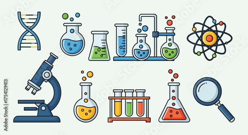 A colorful set of science icons representing chemistry, biology, and laboratory research with various equipment illustrations