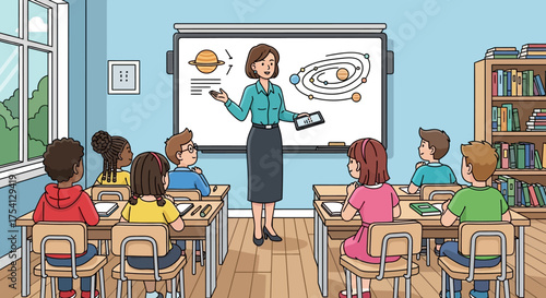 Teacher Explaining the Solar System to a Class of Students in a Classroom Setting