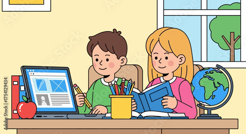 Engaged children diligently pursuing online learning and home education, collaborating on schoolwork with a laptop and books at their organized desk, fostering academic growth