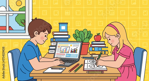 Children studying at home with laptops and books, focusing on learning and education