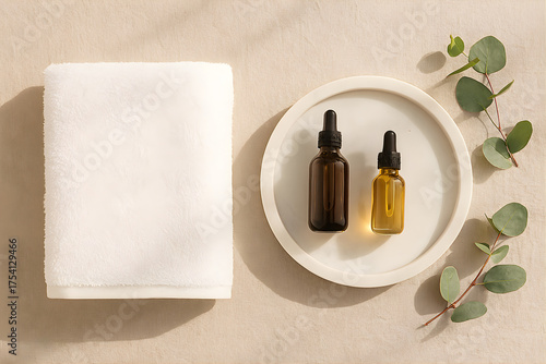 Luxury Spa Flat Lay with Towels, Oils, and Marble Tray