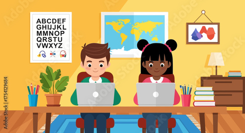 Children Studying Online Distance Learning and Education in a Cozy Home Environment