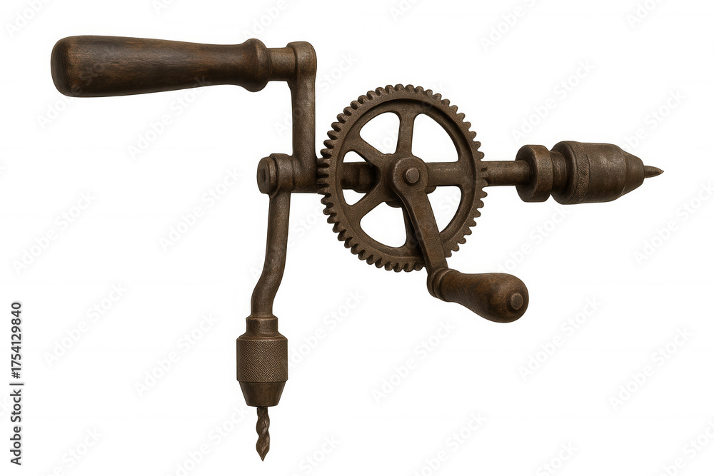 Obraz premium Vintage hand drill featuring rusty metal and wooden handles, representing old carpentry tools and manual craftsmanship