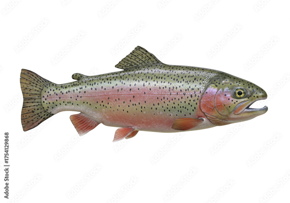 Naklejka premium Rainbow trout isolated on transparent background PNG, freshwater fish with colorful iridescent stripe and black spots for fishing and wildlife themes