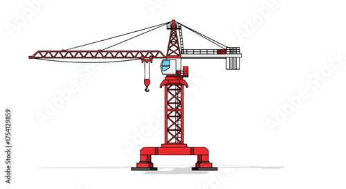 Illustration of a red and white construction crane against a plain background showcasing industrial machinery and construction work equipment