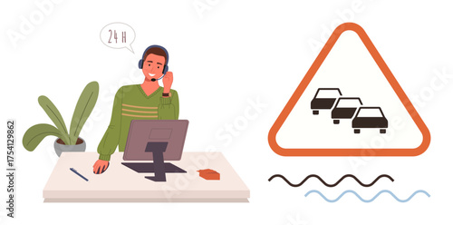 Customer service agent at desk with headset and computer, coupled with a triangular traffic congestion warning sign. Ideal for customer assistance, road safety, transport help, support service