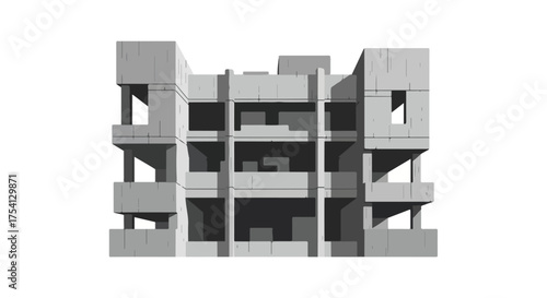 Abstract Concrete Structure: Representation of an unfinished building with a modern architectural design, focusing on the structural elements 3D