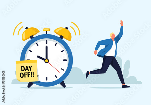 Man joyfully runs from the daily alarm to celebrate a day off from work