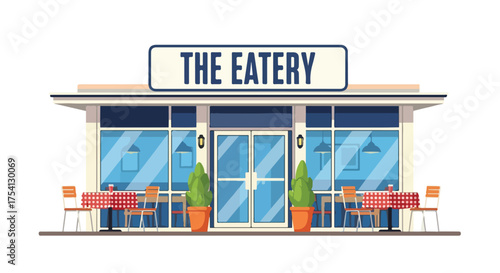 Charming Eatery Illustration: inviting storefront with outdoor seating under a welcoming sign inviting the community