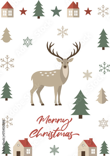 Christmas poster with flat icons of deer