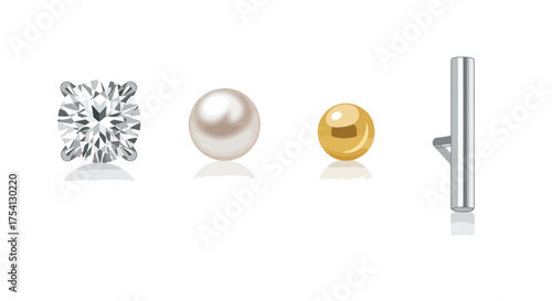 Exquisite jewelry collection: a brilliant diamond, lustrous pearl, radiant gold bead, and modern silver bar earring design