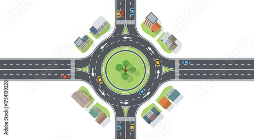 Aerial depiction of a modern roundabout with surrounding houses and roadways, emphasizing urban planning and traffic flow in a residential area