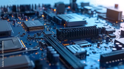 Close-up of a blue circuit board filled with electronic components, glowing with warm bokeh lights