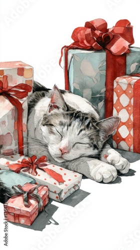 A sleeping gray and white cat rests among colorful wrapped gifts. The scene conveys a cozy holiday atmosphere with festive decorations.