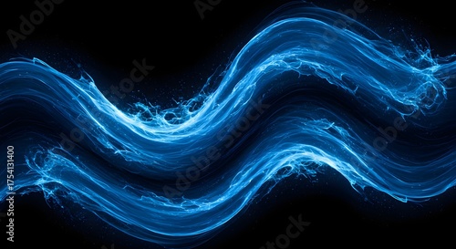 Abstract blue wavy lines flow against a black background, evoking energy and motion