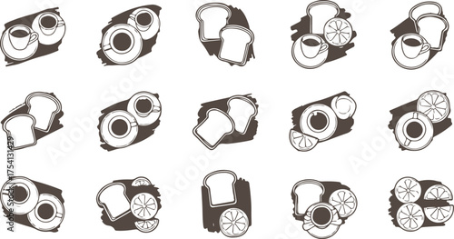 Black and white vector icon set of music, film, camera, and internet technology symbols for web design