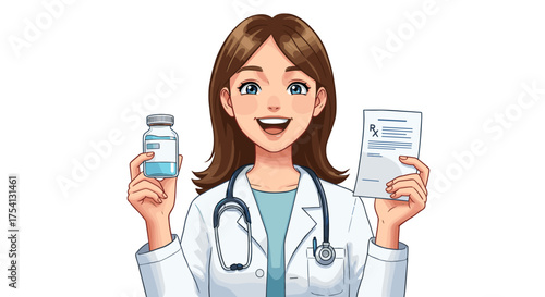 Friendly female doctor holding medicine bottle and prescription with a smile, ready to help you