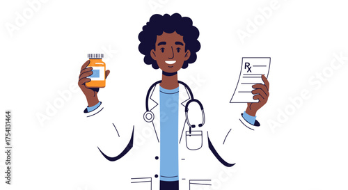 Smiling Black Doctor Holding Medicine Bottle and Prescription Pad, Symbolizing Professional Healthcare, Treatment, and Patient Wellness