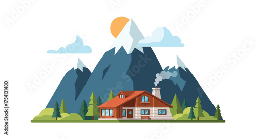 Idyllic mountain retreat, nestled among serene alpine peaks and lush evergreen forests, radiating warmth and tranquility perfect escape