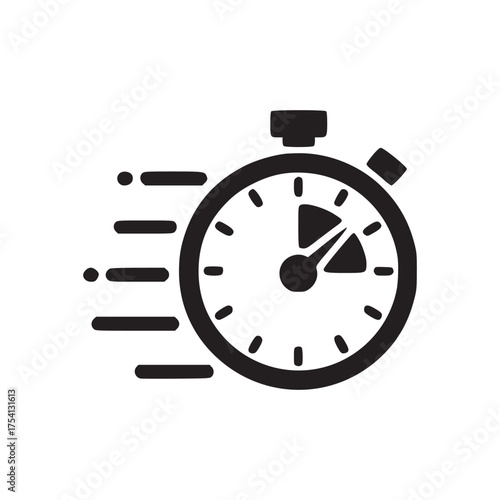 A graphic illustration of a stopwatch with motion lines indicating speed on a white background space