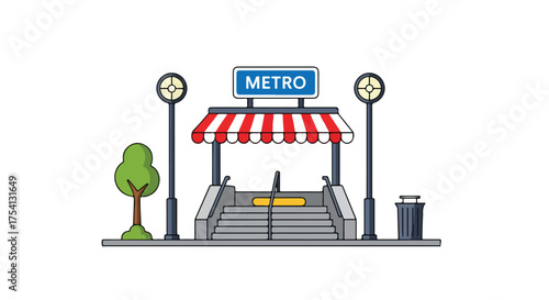Stylized Metro Entrance with Red and White Awning, Street Lamps, and Green Tree Creating a Welcoming Urban Scene