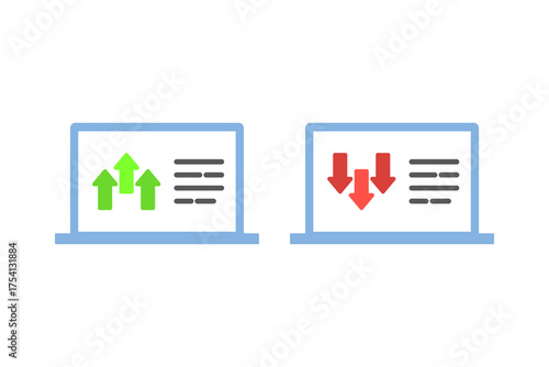 Green upward arrow and red downward arrow graph board set. Business, finance, growth, data presentation, achievement, performance concept. Flat vector design isolated illustrations.