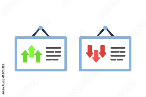 Hanging green upward arrow and red downward arrow graph board set. Business, finance, growth, data presentation, achievement, performance concept. Flat vector design isolated illustrations.