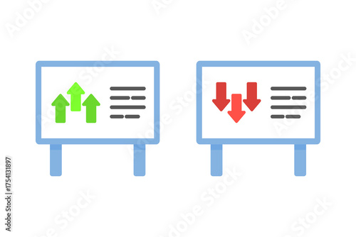 Green upward arrow and red downward arrow graph board set. Business, finance, growth, data presentation, achievement, performance concept. Flat vector design isolated illustrations.