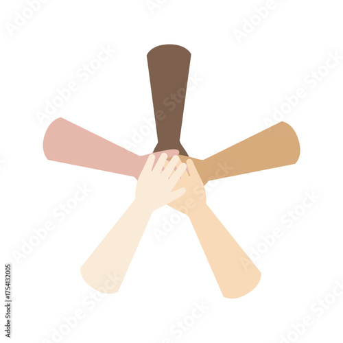 Hands of different skin tones together. Multiethnic, teamwork, connection, support, diversity, community, together concepts. Flat vector design isolated illustration. 