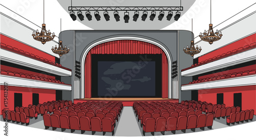 Detailed illustration showcasing a traditional theatrical auditorium with plush seating and ornate chandeliers ready for a performance