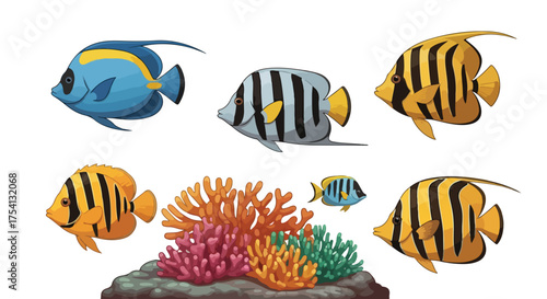 Cartoon illustration showcasing an underwater scene with tropical fishes and vibrant coral reef ecosystems displaying marine biodiversity and
