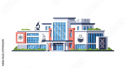 Modern Science Research Institution Building Facade with Symbolic Scientific Illustrations Architectural Design