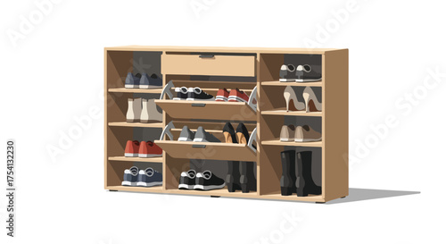 Neatly organized shoe cabinet with various footwear options, presenting a practical and aesthetically pleasing storage solution for footwear