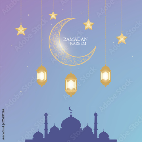 Ramadan Kareem Background with Crescent Moon, Lanterns and Mosque Silhouette