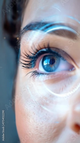 A detailed close-up of a bright blue human eye, enhanced with futuristic glowing light effects