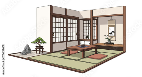 Conceptual portrayal of a serene Japanese room interior imbued with minimalism and traditional elements and architectural details creating a
